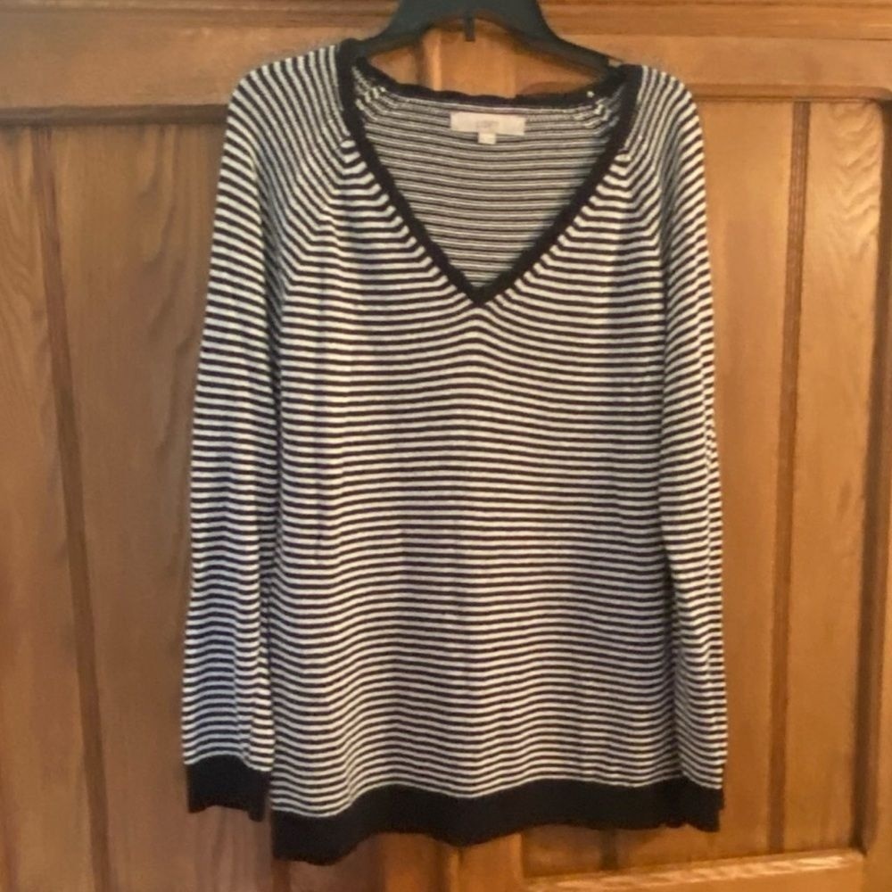 LOFT Black and White Striped V Neck Sweater Size XXL